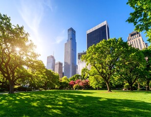 Fototapeta premium Lush park meets city skyline