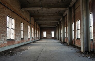 Vast interior of abandoned industrial building, featuring brick walls, large barred windows, concrete columns. Empty hall shows signs of decay, rust, debris, creating desolate atmosphere. Natural