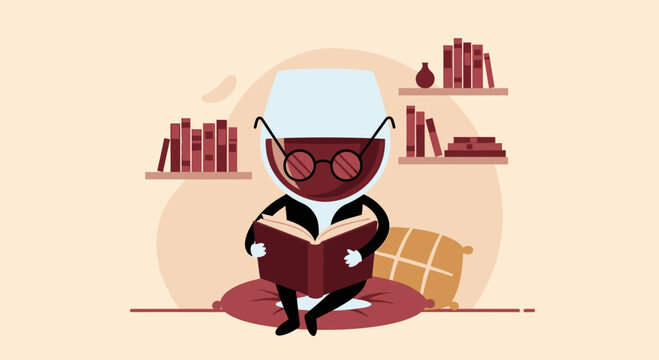 Cartoon Wine Glass Reading A Book On Pillow Surrounded By Bookshelves At Home