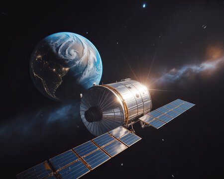 Cylindrical Spaceship Orbiting Earth A Celestial Exploration Image, ideal for educational purposes