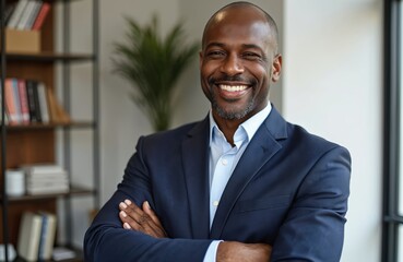 Fototapeta premium Portrait of a smiling African American businessman. Confident executive manager wears a blue suit and blazer in his office. Successful leader, positive employee with a pro appearance.