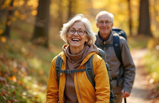 Smiling senior couple enjoys autumn hike through forest with backpacks. Active elderly man and woman walk path amid fall foliage. Joyful retirement, nature adventure, outdoor recreation.