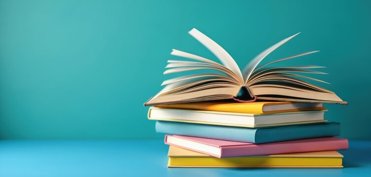 Stack of colorful hardback books with open book on top. Arranged on blue table against teal background, composition offers ample copy space for education, back to school themes, learning, literature.