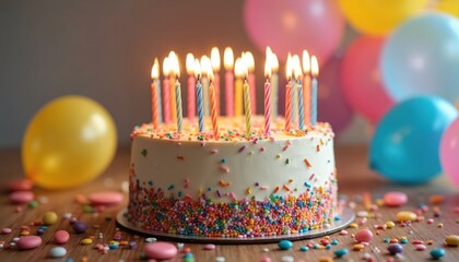 White birthday cake with colorful sprinkles and lit candles for a celebration. Features a festive background with balloons. Perfect for announcing 21st birthday events.