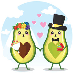 Cute couple avocado couple holding hands, Valentine's day greeting card. Avocado love with hearts vector illustration.