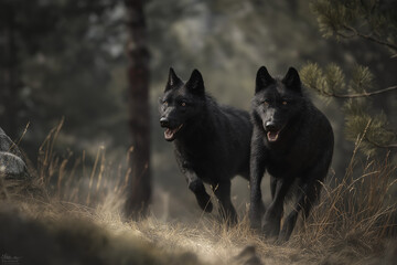 Two wolves running in the forest of Norway, summertime