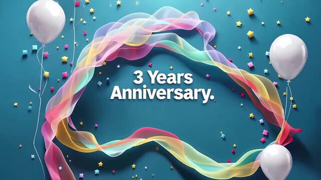 3rd Anniversary Balloons with Ribbons and Confetti &ndash; Teal Background Celebration Scene Featuring &ldquo;3 Years Anniversary&rdquo; Text
