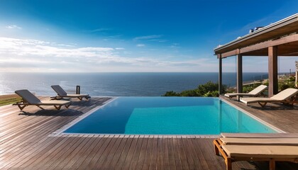 Fototapeta premium infinity pool overlooks the ocean with sun loungers on the deck on a sunny day