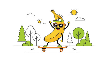 Cheerful Banana Character Having Fun Skateboarding Outdoors on Sunny Day