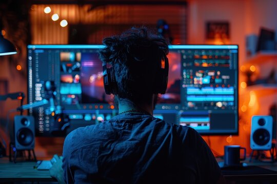 A video editor works late in a dark studio, focused on a large screen with a complex timeline. The atmospheric orange and blue lighting creates a cool, modern, and creative workspace