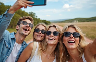 Four friends take happy selfie on road trip adventure in Africa. Smiling faces, sunglasses, excitement as capture safari holiday memories. Mobile photography shows group enjoying summer vacation.