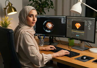 A woman in hijab, a digital professional, looks confidently at the camera, showcasing dedication and expertise
