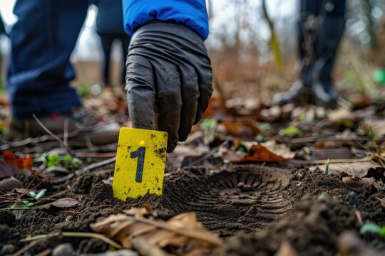 A forensic expert in a blue glove places a yellow evidence marker labeled "1" into the soil at a crime scene. The close-up shot focuses on the careful preservation of clues in a wooded area