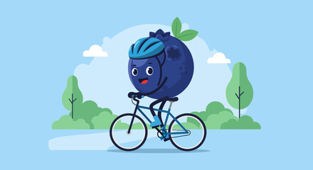 Cheerful Blueberry Character Rides Bicycle Outdoors In Healthy Lifestyle Illustration