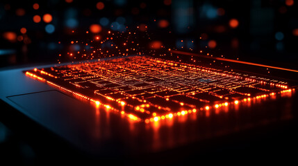 Floating app icons and source code snippets swirling around a glowing laptop