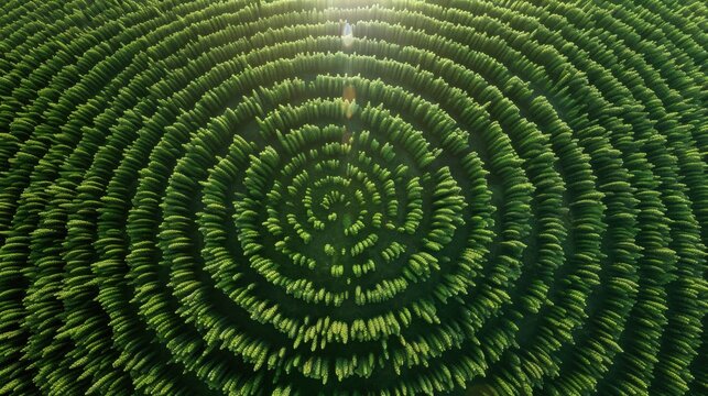 An aerial view reveals a vast forest of pine trees planted in perfect concentric circles. The stunning, hypnotic pattern creates a massive natural labyrinth under a bright, sunny sky