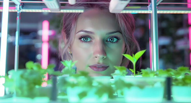 A female scientist researching plant growth in a futuristic hydroponic laboratory with LED lights.