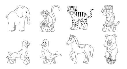 Obraz premium Collection of circus animals performing tricks in a line art illustration style drawing for kids activity