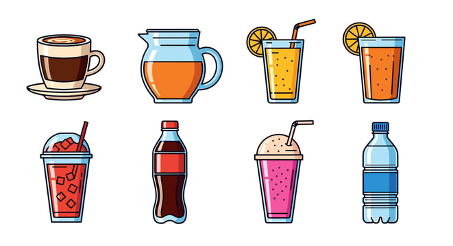 Assortment of beverages including coffee, juice, soda, and water in various containers and glasses