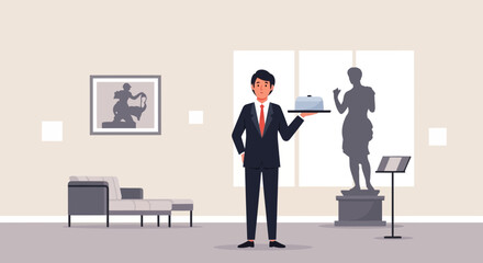 Elegant Service Illustration Serving Cake In A Refined Museum Setting