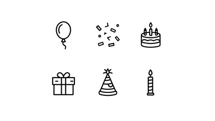 Line drawing of birthday celebration elements including balloon confetti cake and gift box party hat candle