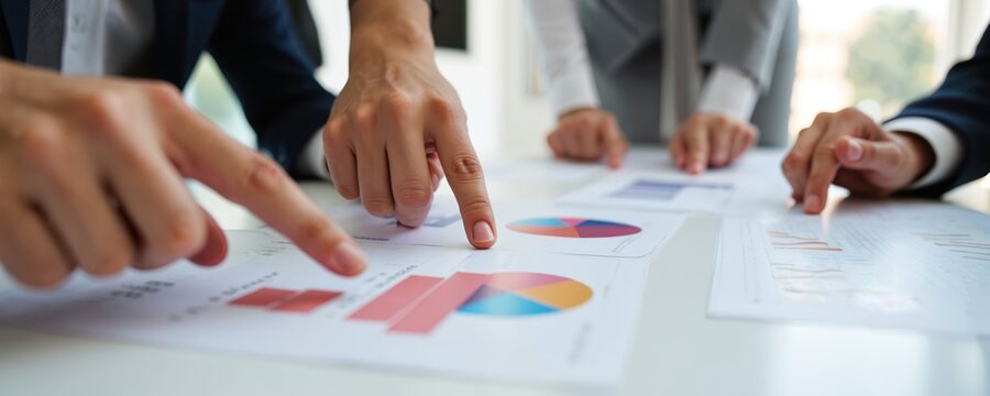 Business professionals collaboratively point at charts on meeting table, signifying shared goals, strategic planning. Hands indicate focus on data analysis for business targets, market trends,