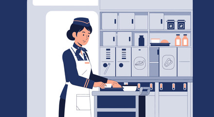 Cheerful Flight Attendant Preparing Inflight Meal Service For Passengers In Airplane