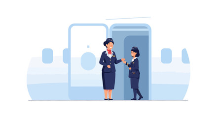 Cheerful Flight Attendants Welcoming Passengers Aboard The Plane For A Safe Journey