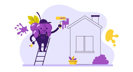 Cheerful Grape Cartoon Character Painting House Exterior With Roller Brush