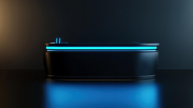  Sleek modern promo stand mockup with blue neon lights, minimalist design for branding and advertising display