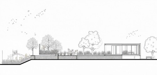 Minimalist architectural line drawing modern house with large windows, surrounding landscape. Includes trees, garden elements, flock of birds in sky, perfect for design, architecture concepts.