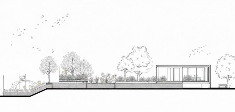 Minimalist architectural line drawing modern house with large windows, surrounding landscape. Includes trees, garden elements, flock of birds in sky, perfect for design, architecture concepts.