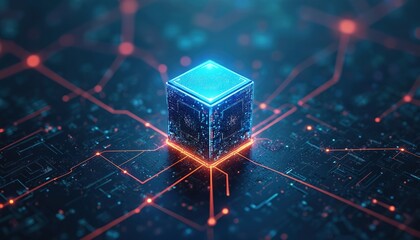Abstract glowing blue cube on circuit board with red network connections. Represents quantum computing, machine learning, blockchain, futuristic technology concepts. High-tech digital background with