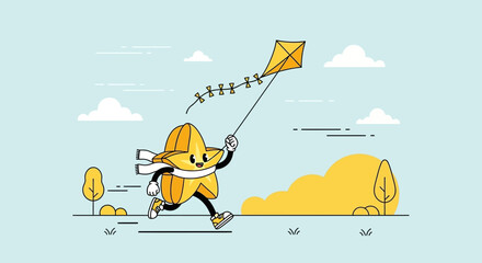 Fototapeta premium Cheerful Star Character Flying A Kite In Nature's Embrace Cartoon Illustration