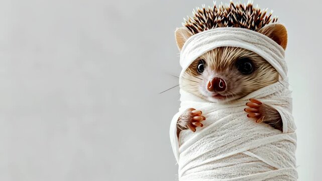 Hedgehog as Mummy: A heartwarming and unique close-up of a small hedgehog playfully dressed up as a mummy, offering a lighthearted and adorable perspective on Halloween.