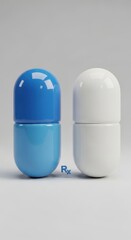Two Glossy Plastic Capsule Shapes One Blue One White with Rx Symbol plastic 3d background