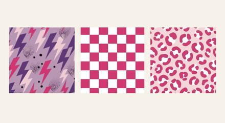 Trendy Pattern Collection Lightning, Checkered, and Animal Print Designs for Backgrounds, Textiles, and Creative Projects