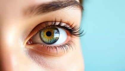 Obraz premium Macro view of human eye with vibrant green, yellow iris, detailed lashes, smooth skin. Pupil dark, clear. Close-up captures intricate beauty, complexity of eye, suggesting themes of vision, health,