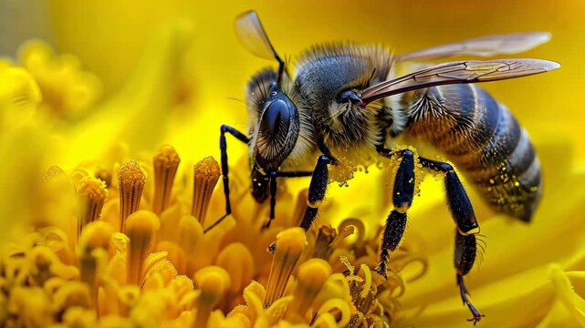 Busy Bee's Floral Feast: A close-up shot unveils a honeybee diligently gathering nectar from a vibrant yellow flower.