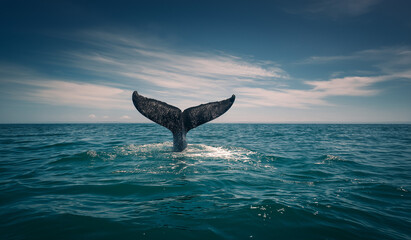 Blue whale tail in the ocean, marine life photography, whale,