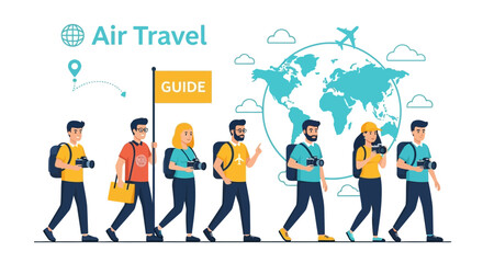 Group Of Tourists On An Air Trip Guided By A Person Holding The Guide Sign