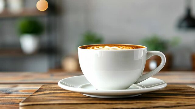 Latte Art on Wooden Surface: A beautifully crafted cup of latte sits gracefully on a wooden surface. The warm tones of the wood complement the rich color of the coffee.