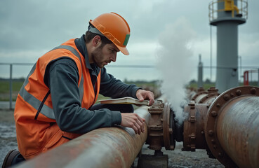 Male worker in orange vest and hard hat inspects rusty pipeline with steam escaping. Technician records data in notebook. Focus on industrial site maintenance and safety checks.