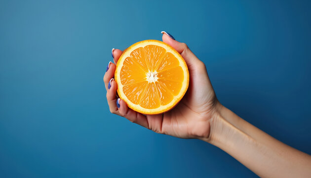 Woman hand with blue glitter nails holds juicy, ripe orange half against solid blue background. Citrus fruit displays vibrant segments, pulp, suggesting freshness, natural goodness for healthy eating.