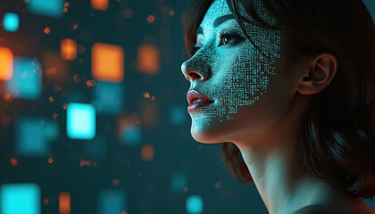 Woman with VR digital projections on face. Futuristic technology innovation concept. Glowing binary code, cyberspace, earth network, futuristic vision. Artificial intelligence, cybernetic, digital