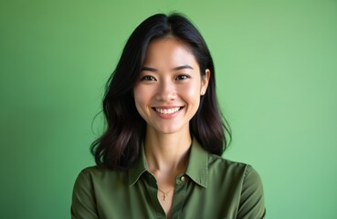Smiling businesswoman with dark hair wears green shirt, necklace. Profile photo isolated on green background. Beautiful woman with happy, cheerful, confident expression, white teeth, sweet smile.