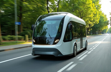 White autonomous electric shuttle bus drives on green city road. Smart vehicle concept for future urban mobility, public transport. Features advanced technology, sensors, automated navigation for
