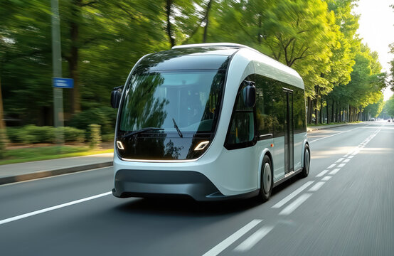 White autonomous electric shuttle bus drives on green city road. Smart vehicle concept for future urban mobility, public transport. Features advanced technology, sensors, automated navigation for