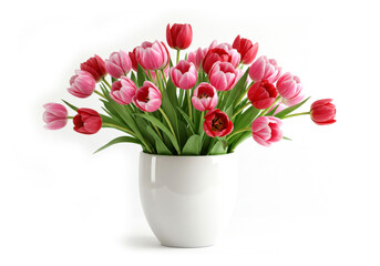 Fototapeta premium Elegant floral arrangement with tulip in ceramic vase isolated on white