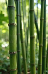 Fototapeta premium Green bamboo stalks grow in forest. Close-up view of plant with segmented stems and natural texture. Lush foliage background with soft bokeh. Represents nature, growth, and Asian culture.